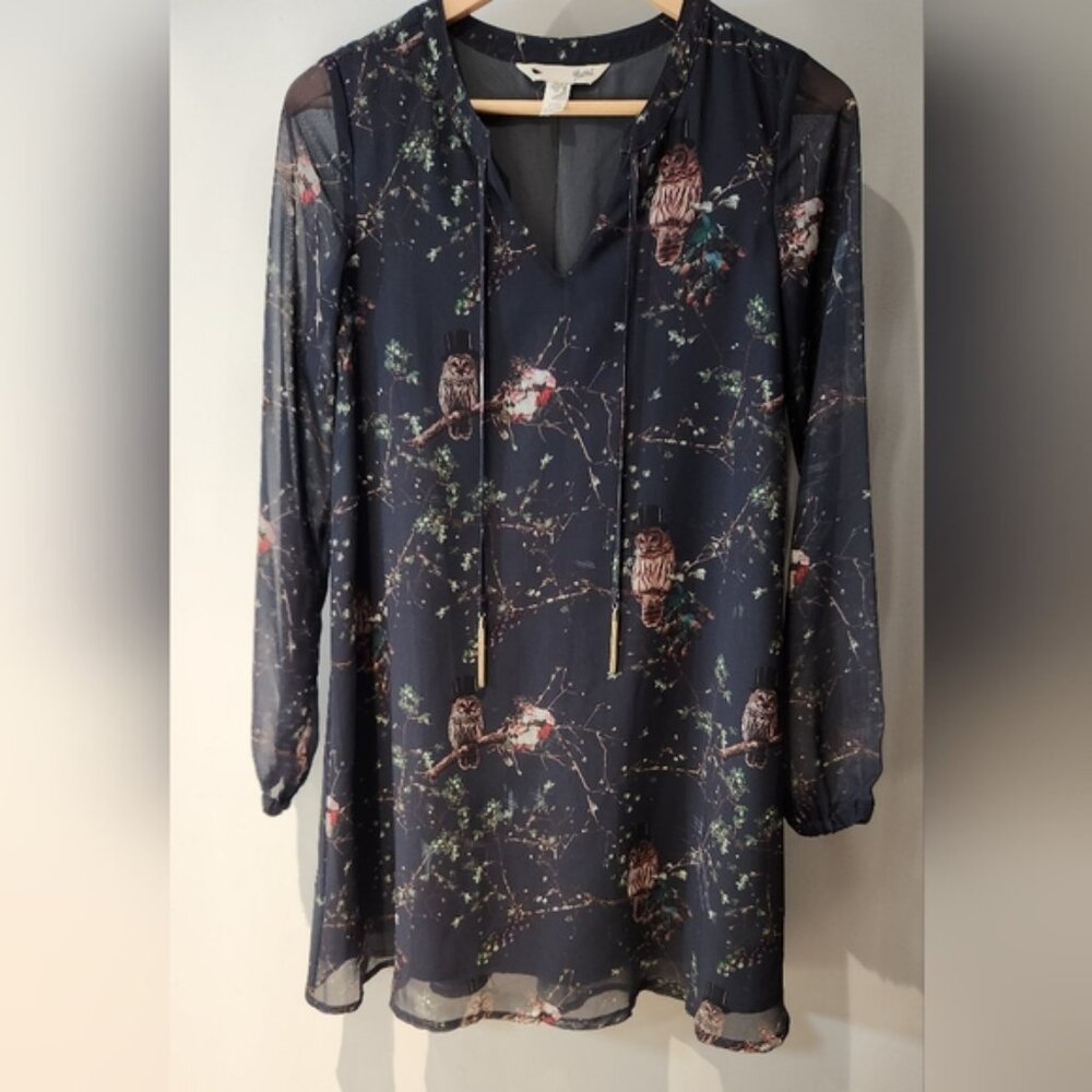 Yumi witchy Owl Print Tunic Dress Long Sleeve Tie Neck Gold Tassels Blue